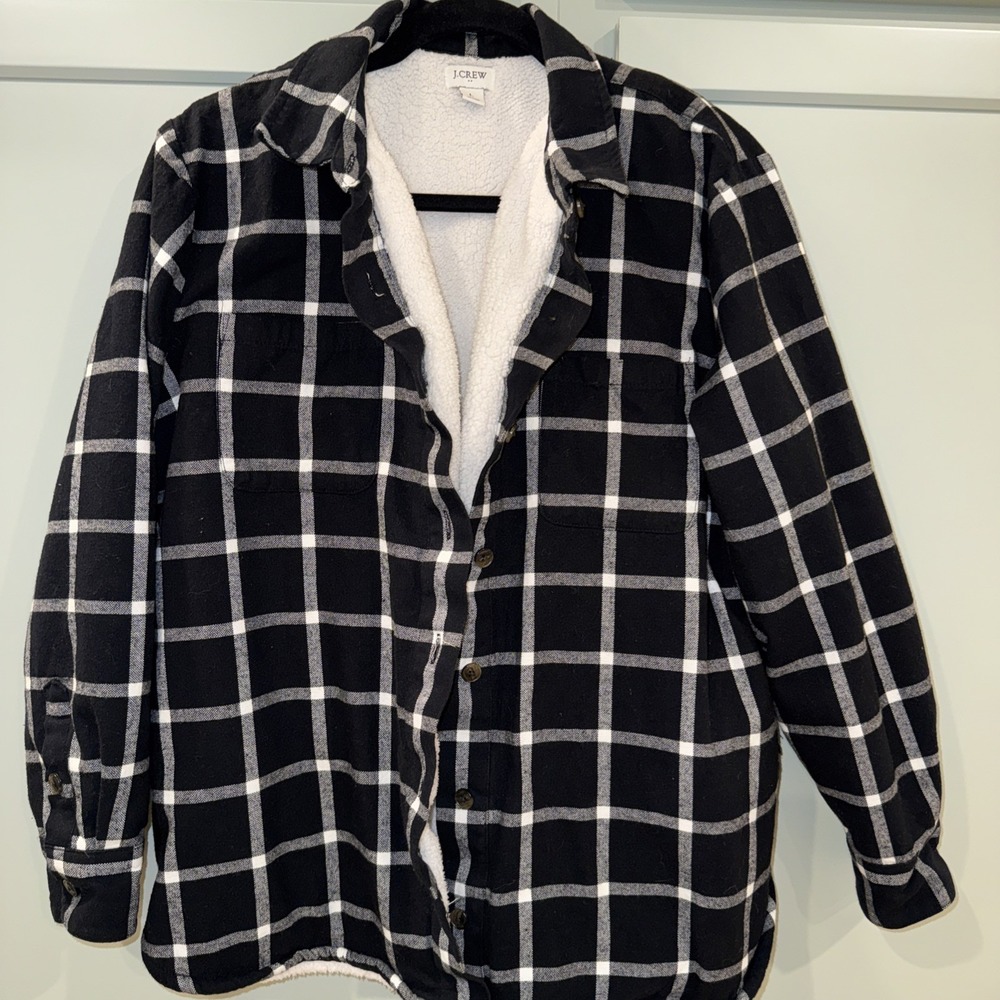 J Crew Plaid Sherpa Fleece Lined Shirt Shacket‎ Women Size Large L Button Down